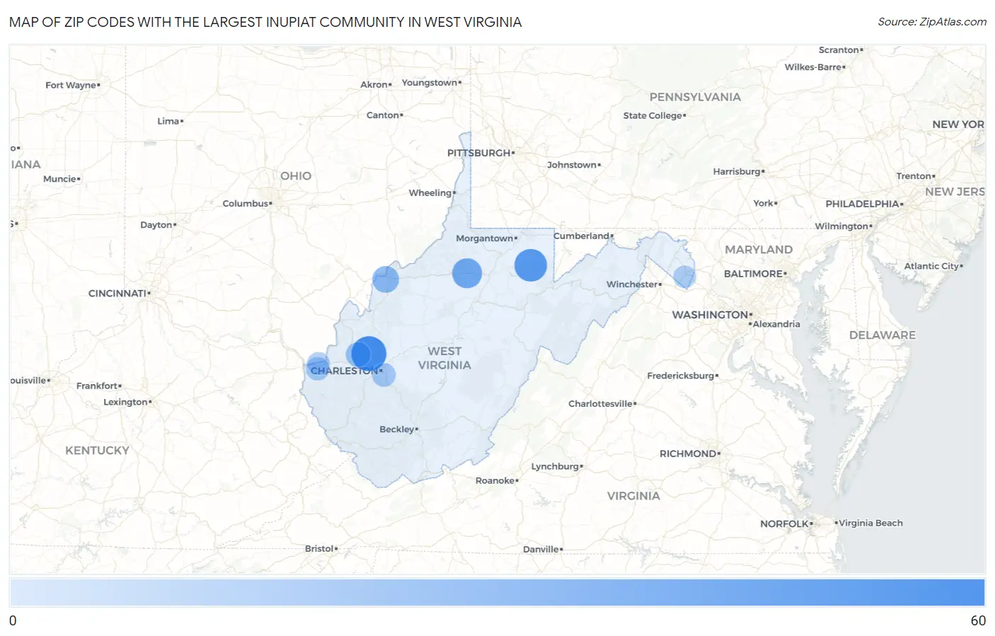 Zip Codes with the Largest Inupiat Community in West Virginia Map