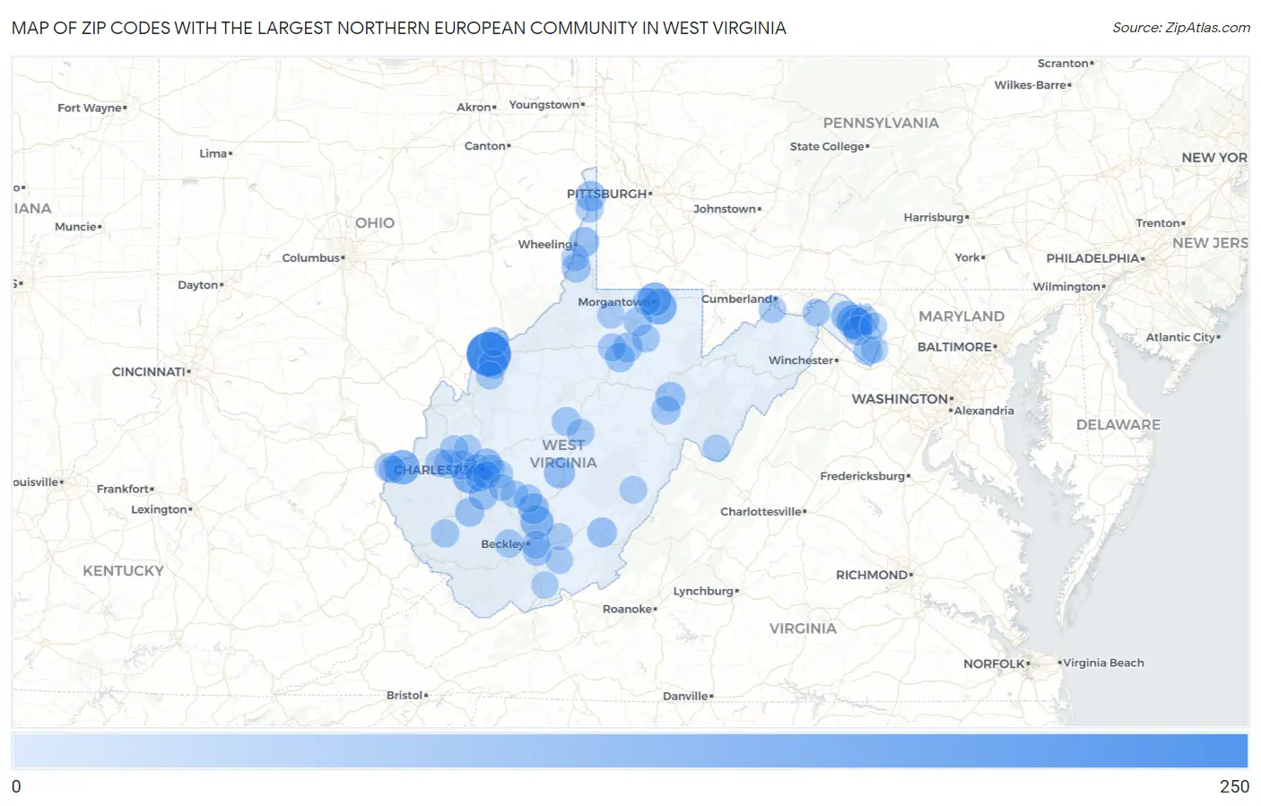 Zip Codes with the Largest Northern European Community in West Virginia Map