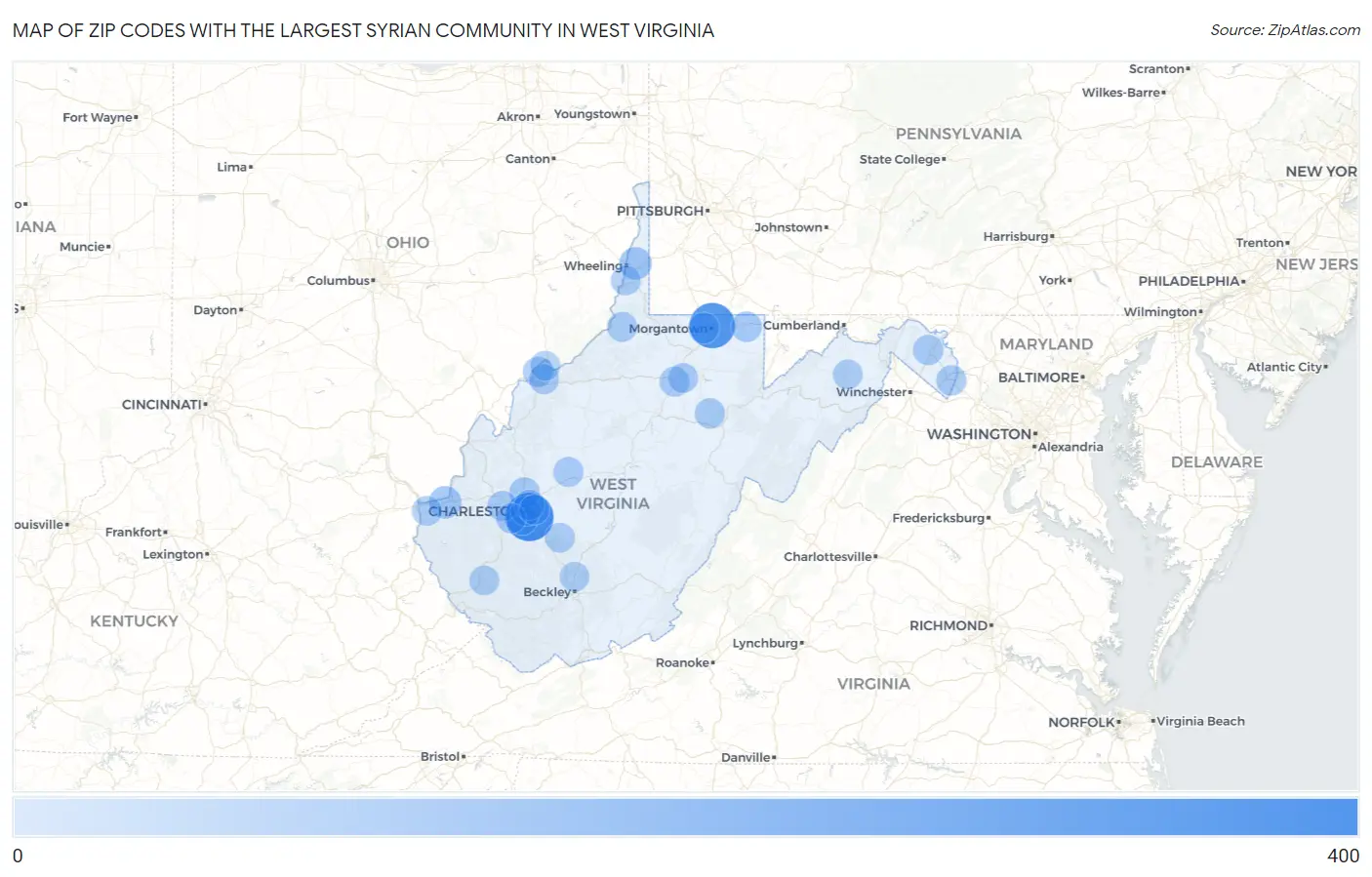 Zip Codes with the Largest Syrian Community in West Virginia Map