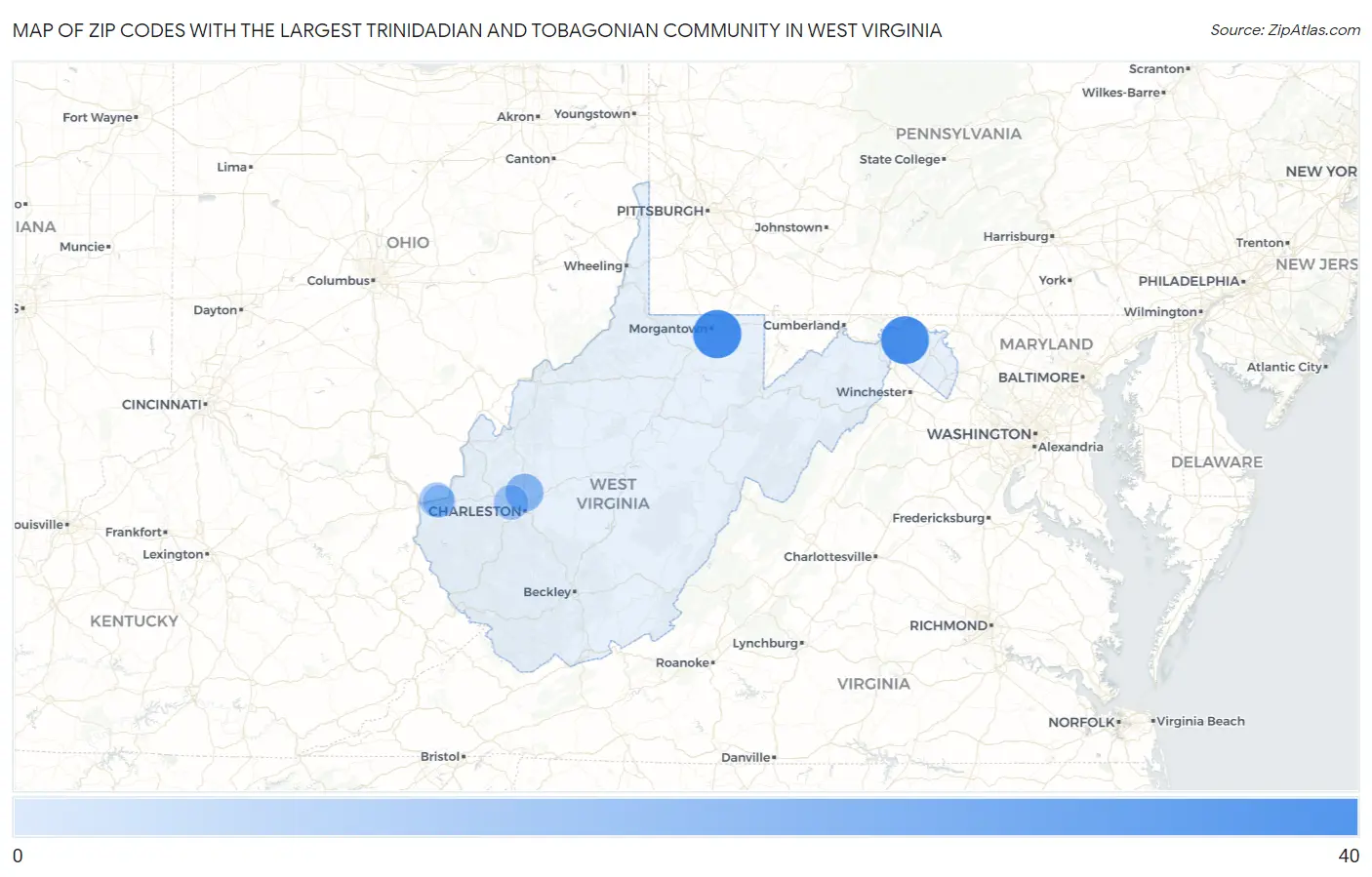 Zip Codes with the Largest Trinidadian and Tobagonian Community in West Virginia Map