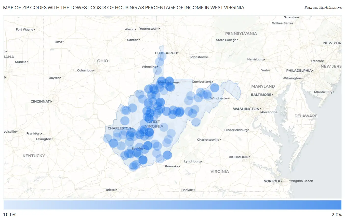 Zip Codes with the Lowest Costs of Housing as Percentage of Income in West Virginia Map