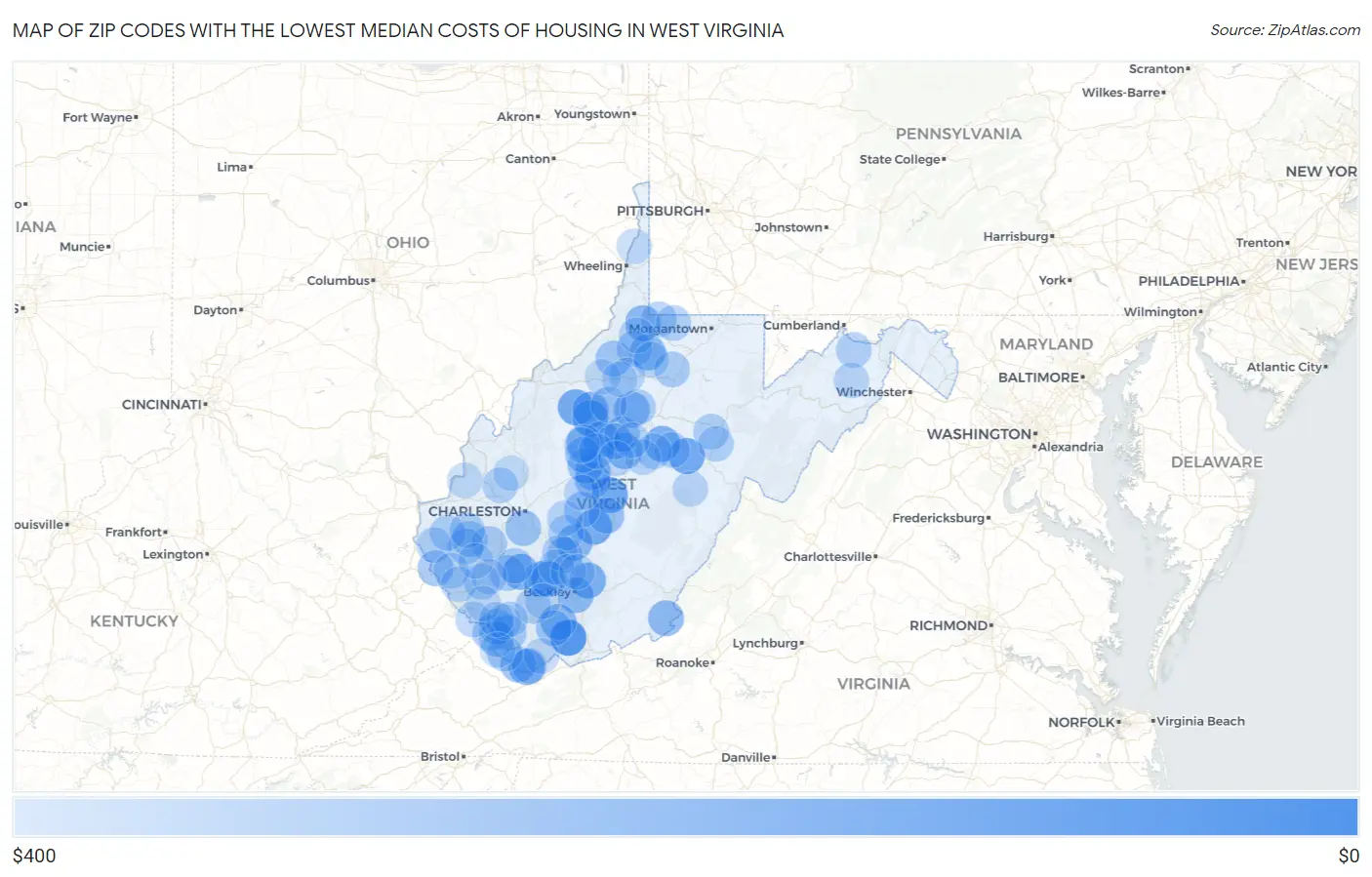 Zip Codes with the Lowest Median Costs of Housing in West Virginia Map