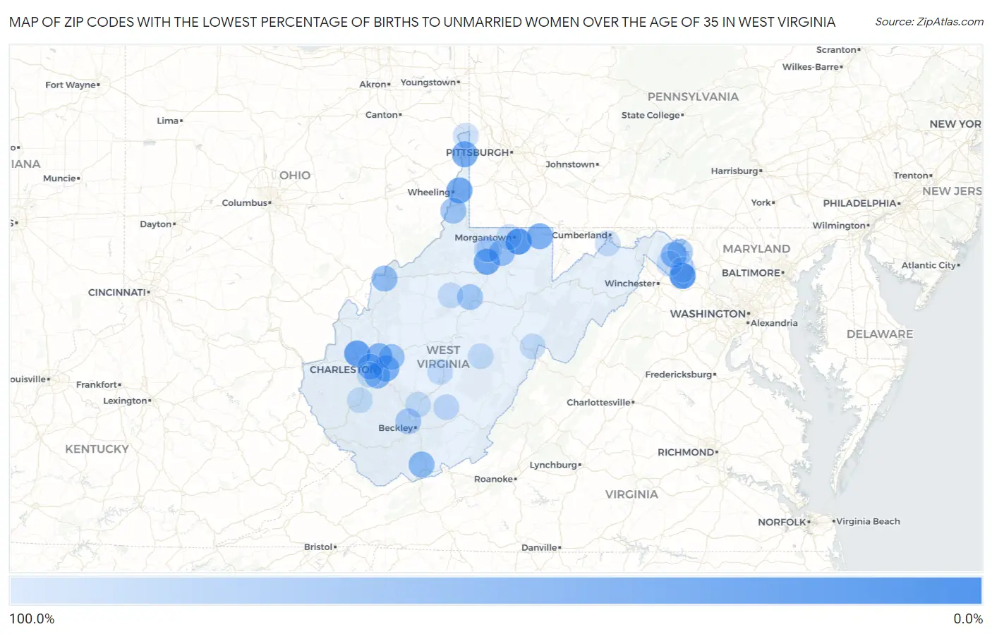 Zip Codes with the Lowest Percentage of Births to Unmarried Women over the Age of 35 in West Virginia Map