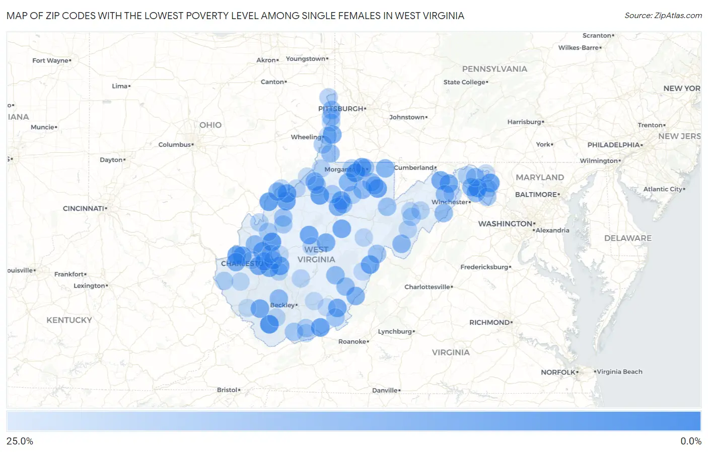 Zip Codes with the Lowest Poverty Level Among Single Females in West Virginia Map