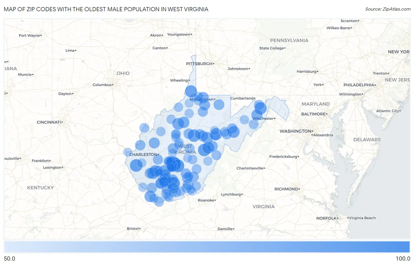 Zip Codes with the Oldest Male Population in West Virginia Map