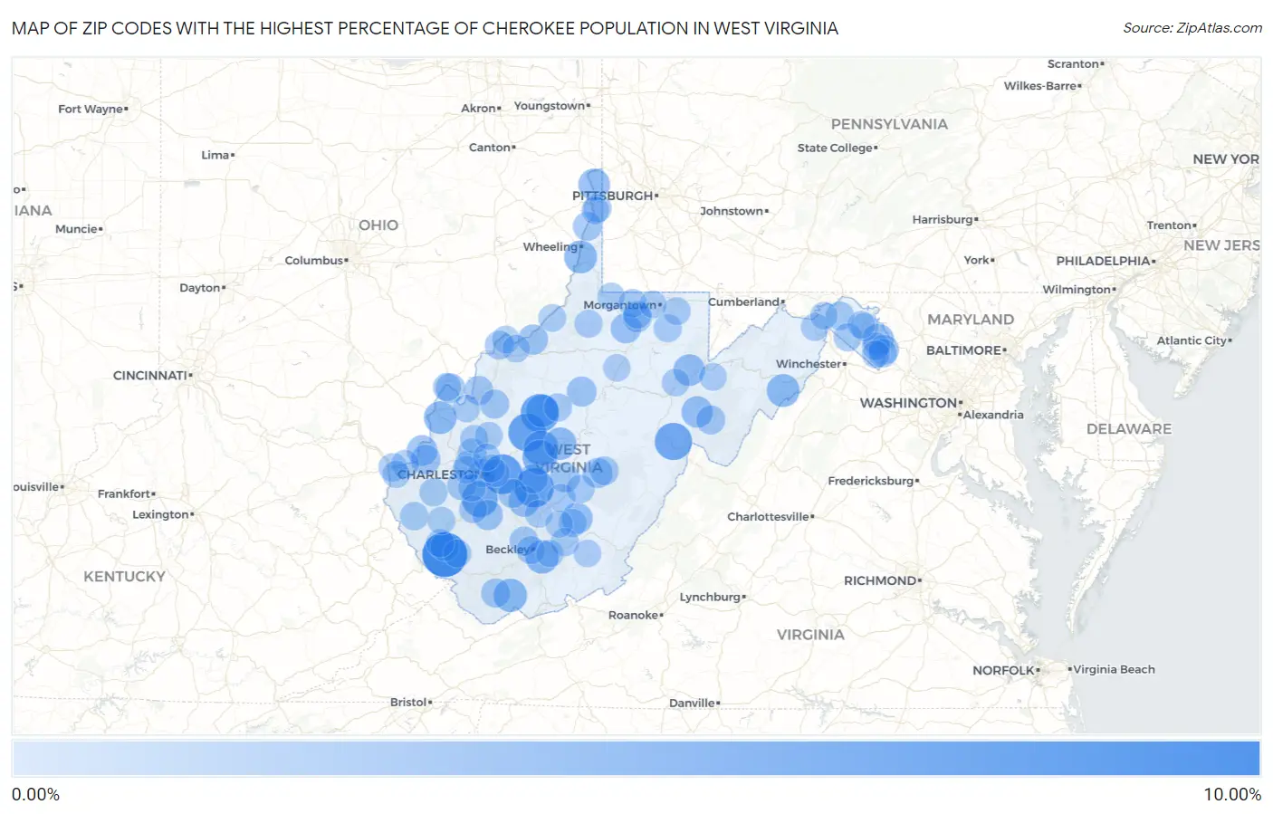 Zip Codes with the Highest Percentage of Cherokee Population in West Virginia Map