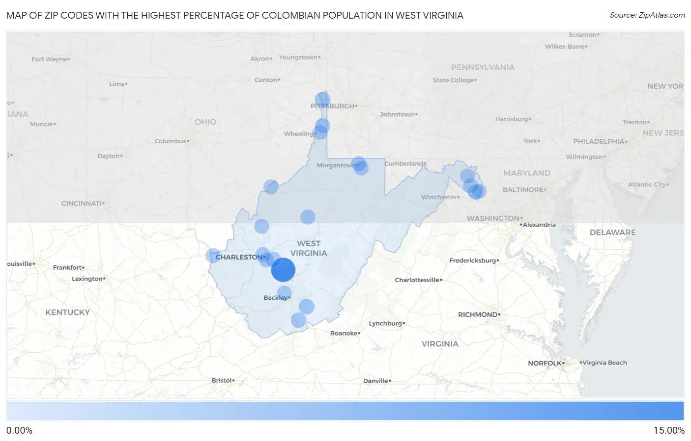 Zip Codes with the Highest Percentage of Colombian Population in West Virginia Map
