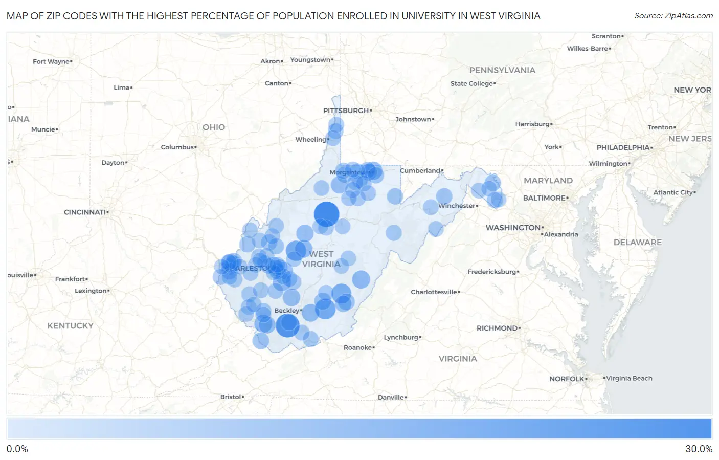 Zip Codes with the Highest Percentage of Population Enrolled in University in West Virginia Map