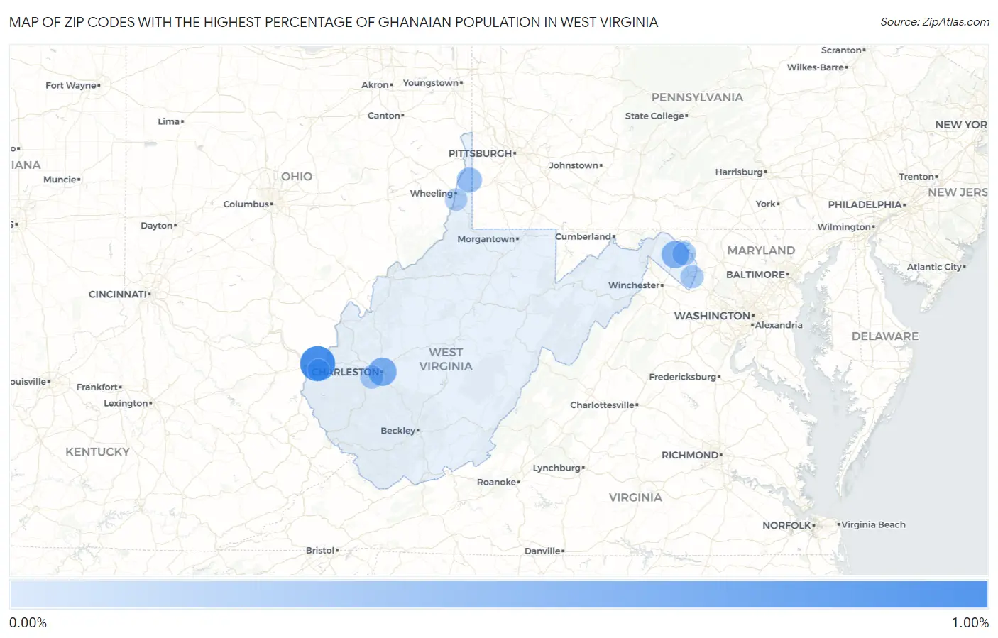 Zip Codes with the Highest Percentage of Ghanaian Population in West Virginia Map