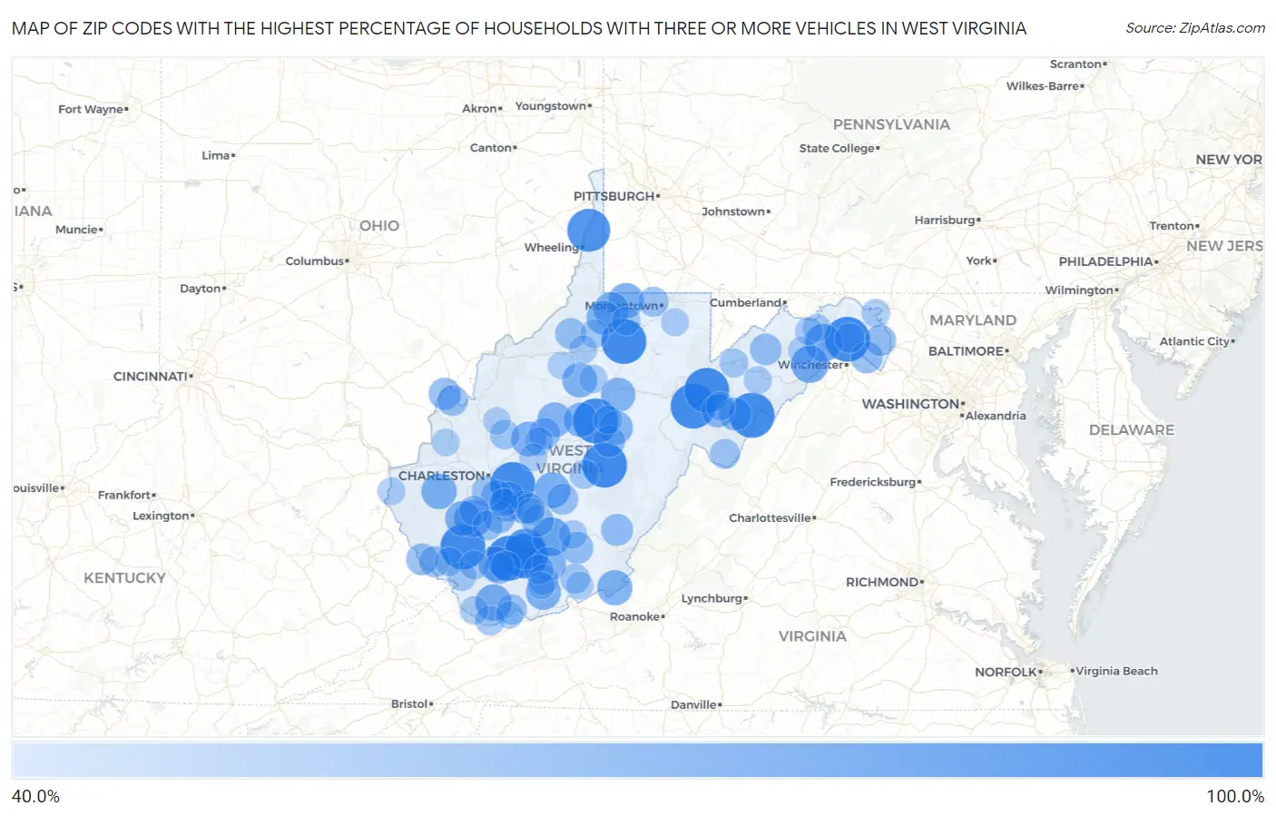 Zip Codes with the Highest Percentage of Households With Three or more Vehicles in West Virginia Map
