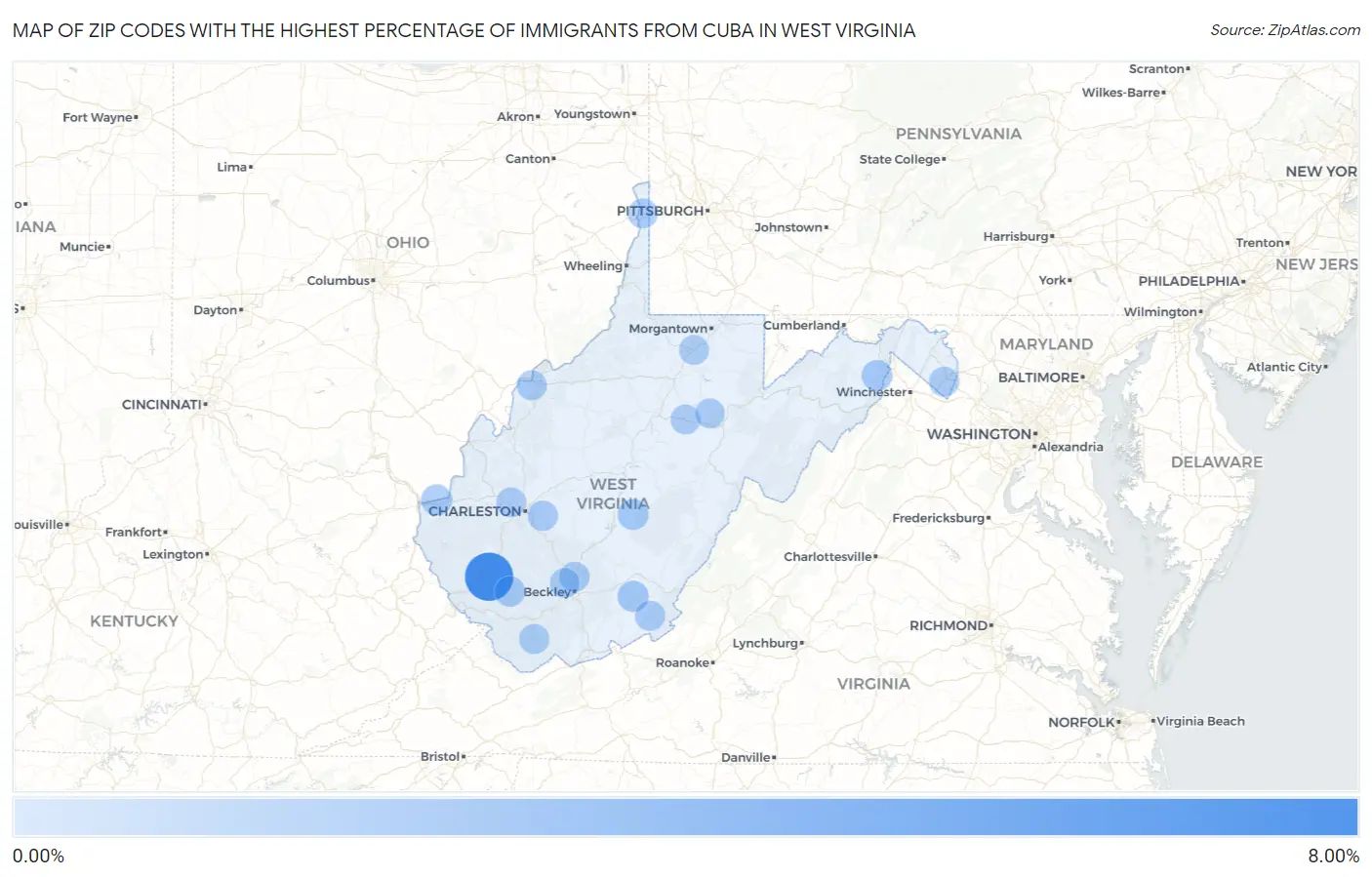 Zip Codes with the Highest Percentage of Immigrants from Cuba in West Virginia Map