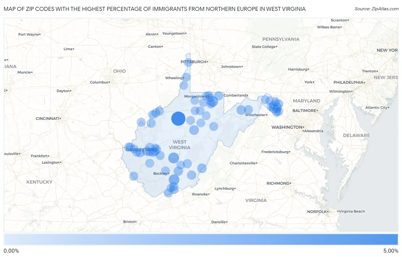 Zip Codes with the Highest Percentage of Immigrants from Northern Europe in West Virginia Map