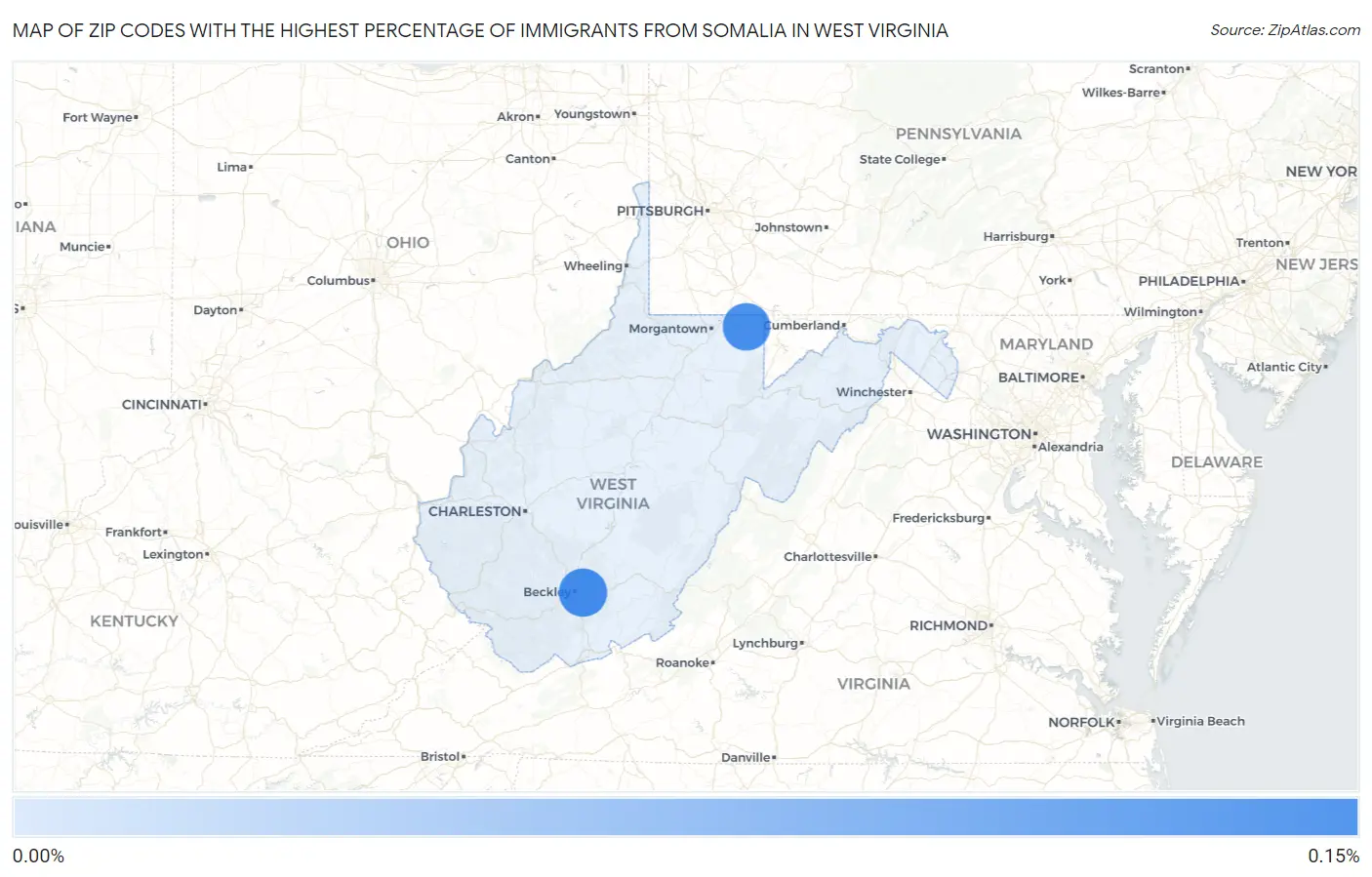 Zip Codes with the Highest Percentage of Immigrants from Somalia in West Virginia Map