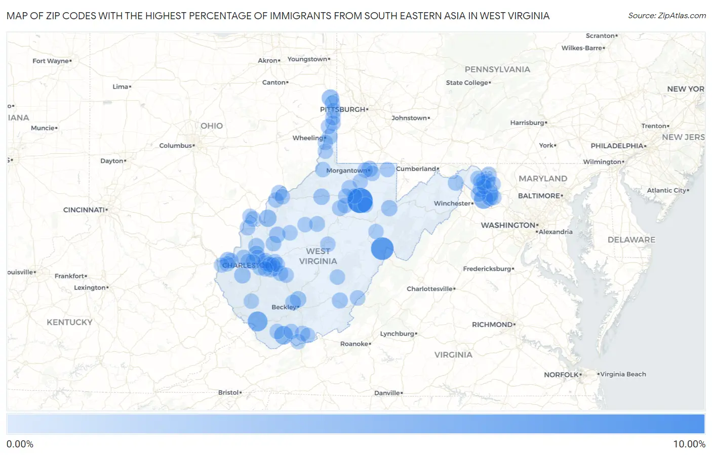 Zip Codes with the Highest Percentage of Immigrants from South Eastern Asia in West Virginia Map