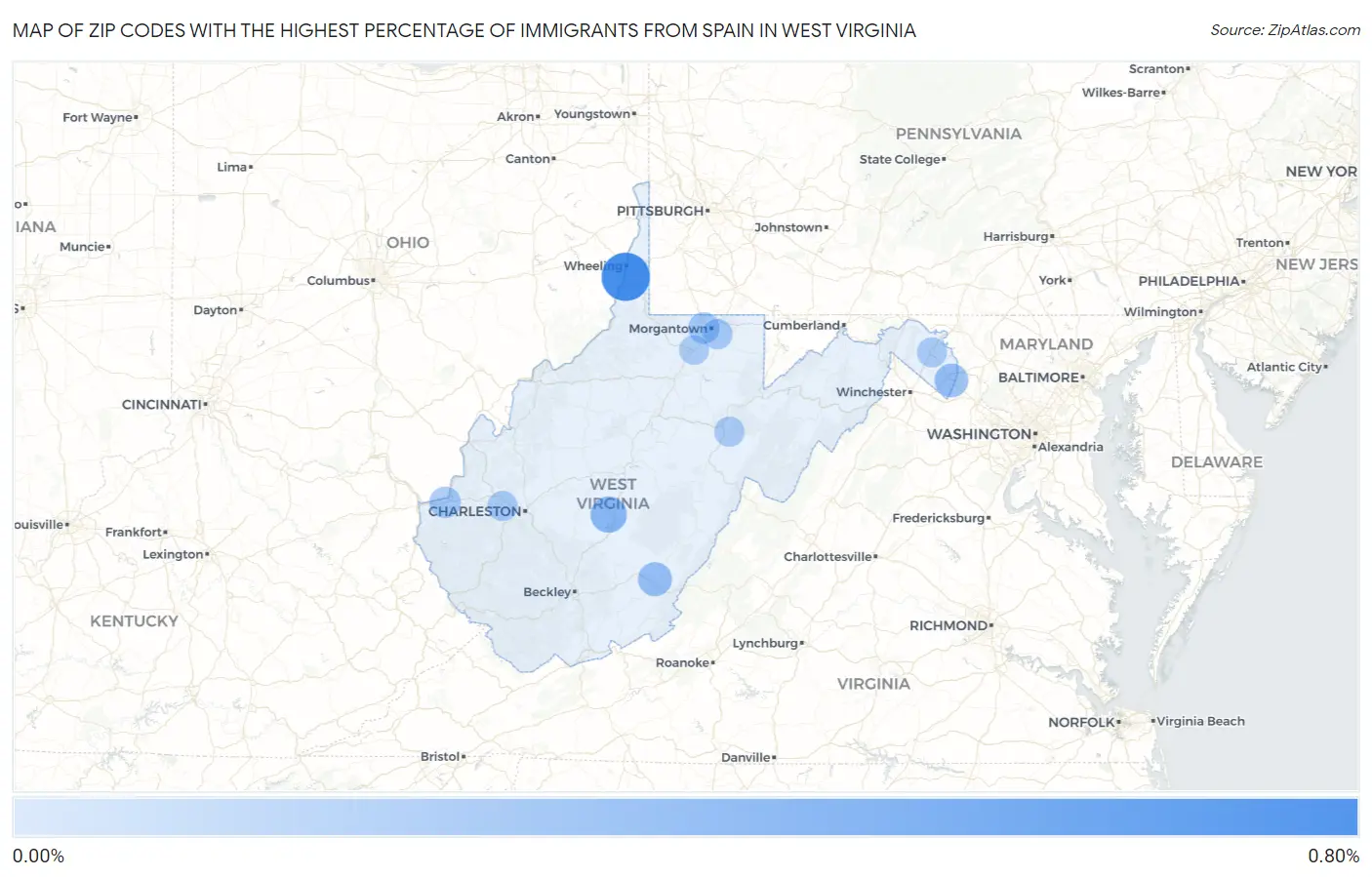 Zip Codes with the Highest Percentage of Immigrants from Spain in West Virginia Map