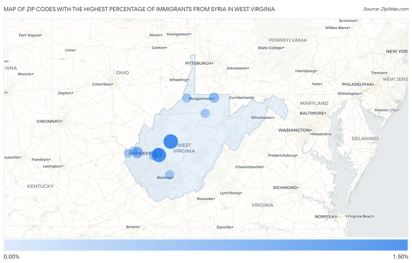 Zip Codes with the Highest Percentage of Immigrants from Syria in West Virginia Map