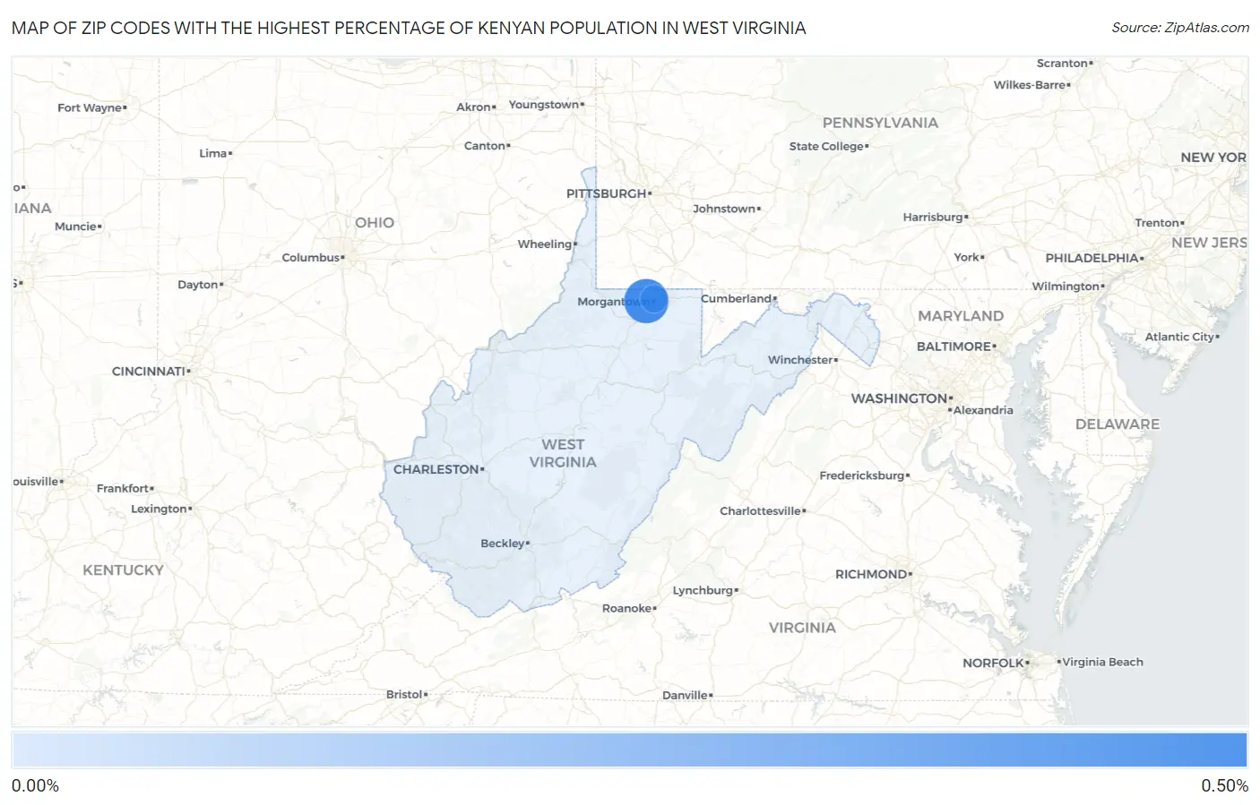 Zip Codes with the Highest Percentage of Kenyan Population in West Virginia Map