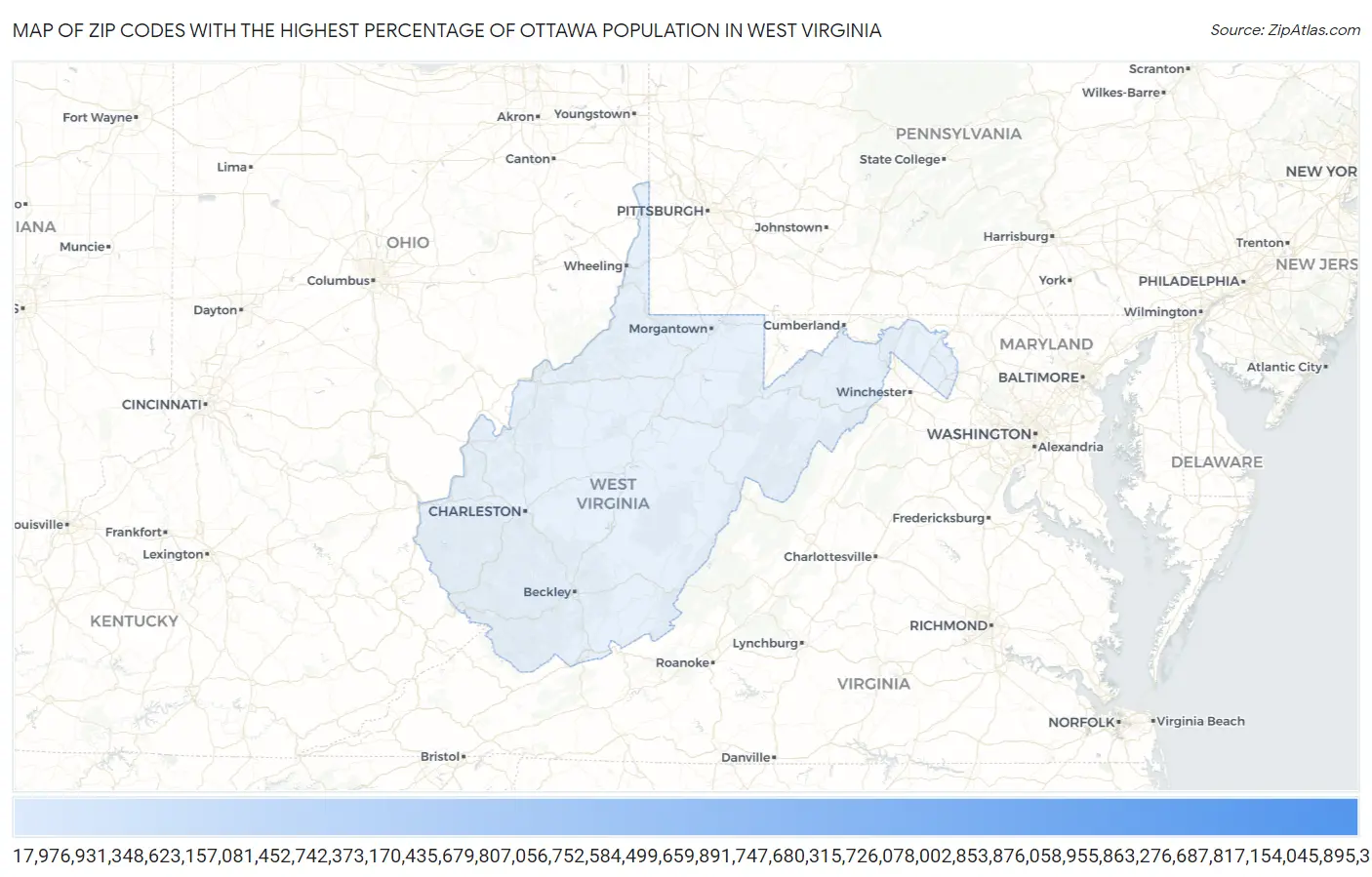 Zip Codes with the Highest Percentage of Ottawa Population in West Virginia Map