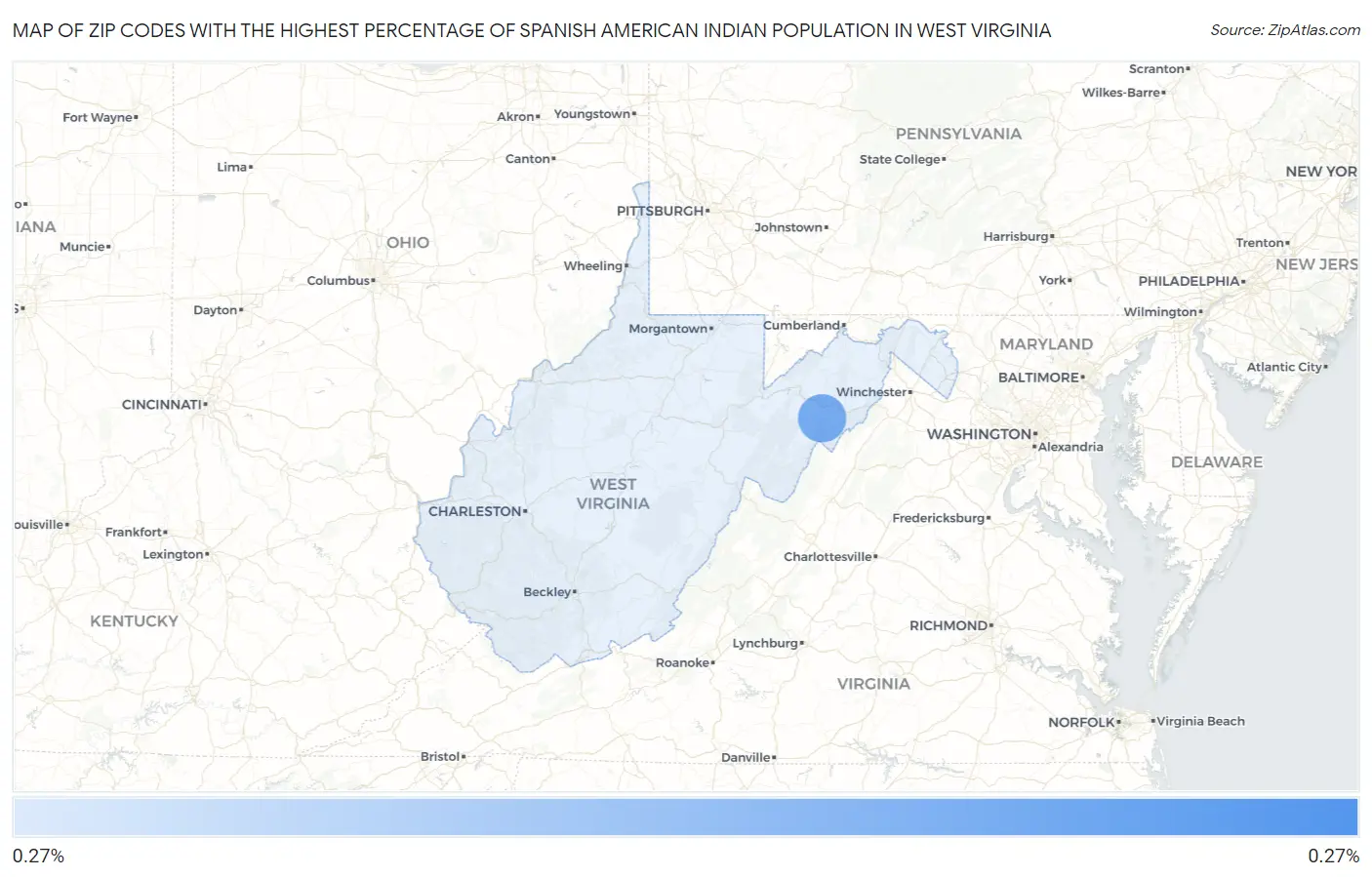 Zip Codes with the Highest Percentage of Spanish American Indian Population in West Virginia Map