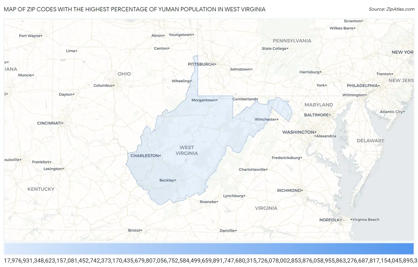 Zip Codes with the Highest Percentage of Yuman Population in West Virginia Map