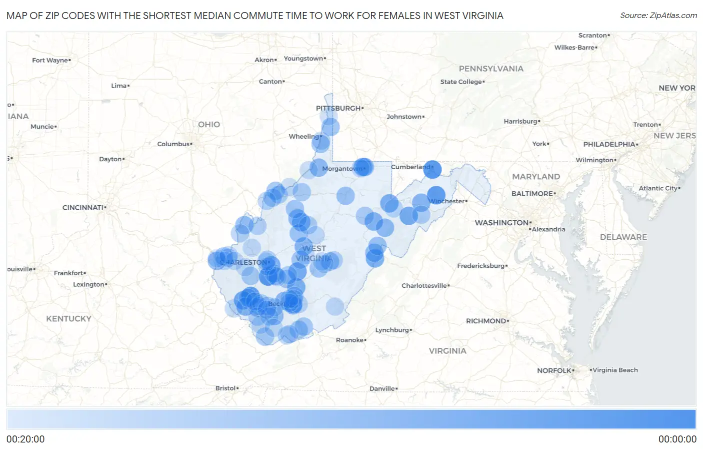 Zip Codes with the Shortest Median Commute Time to Work for Females in West Virginia Map