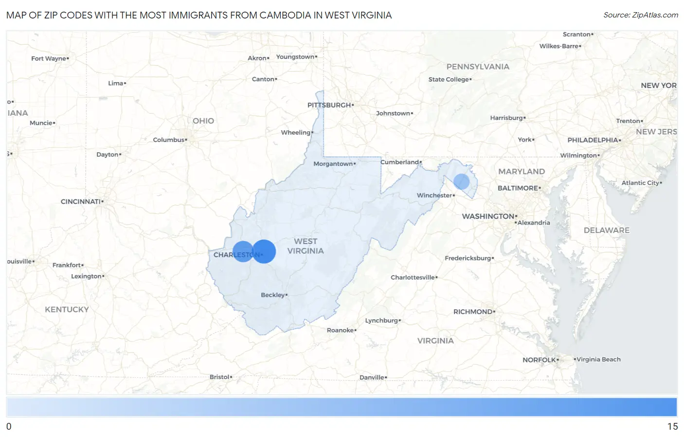 Zip Codes with the Most Immigrants from Cambodia in West Virginia Map