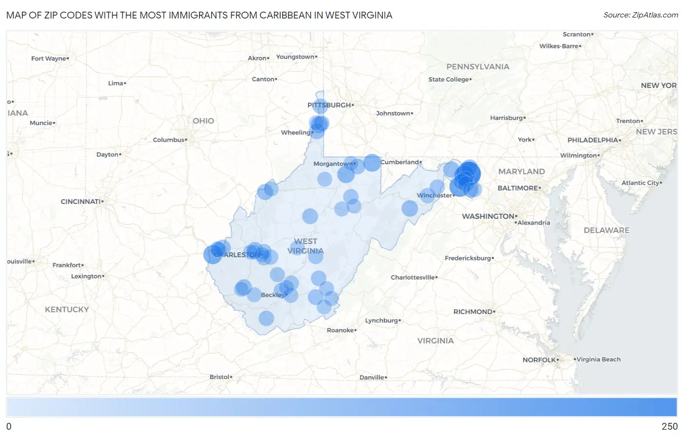 Zip Codes with the Most Immigrants from Caribbean in West Virginia Map