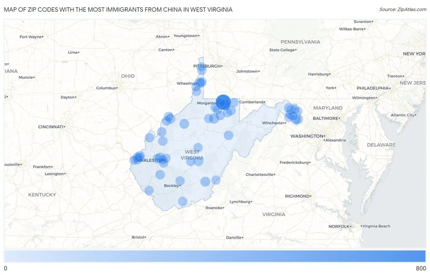 Zip Codes with the Most Immigrants from China in West Virginia Map