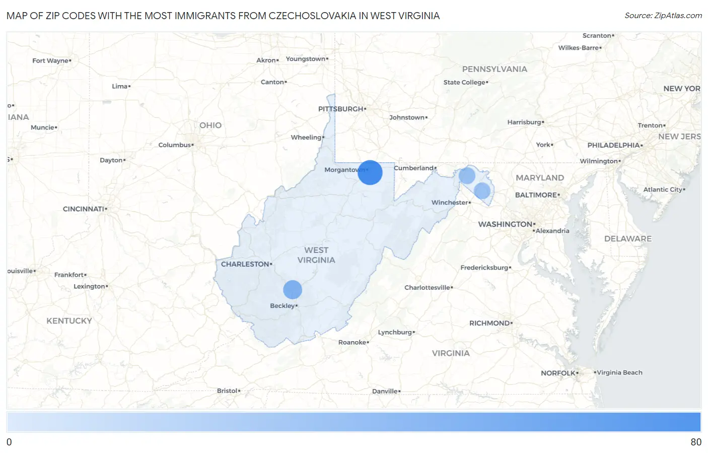 Zip Codes with the Most Immigrants from Czechoslovakia in West Virginia Map