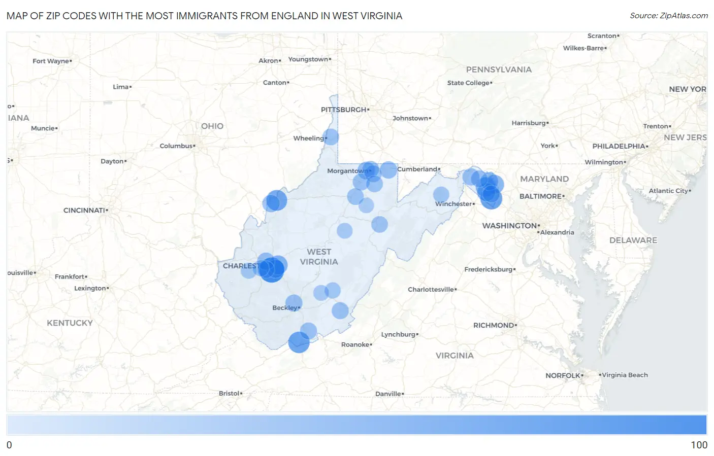 Zip Codes with the Most Immigrants from England in West Virginia Map