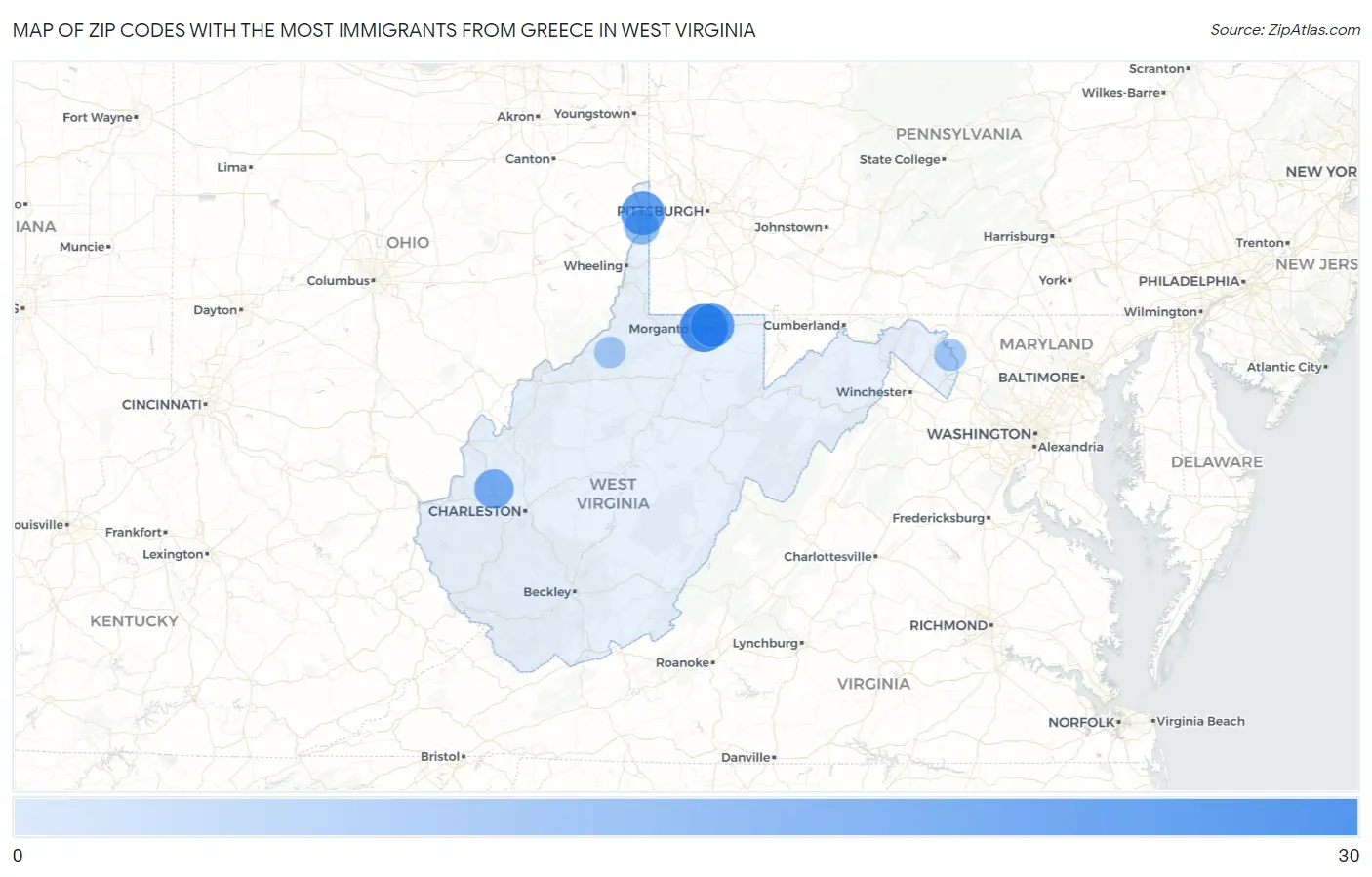 Zip Codes with the Most Immigrants from Greece in West Virginia Map