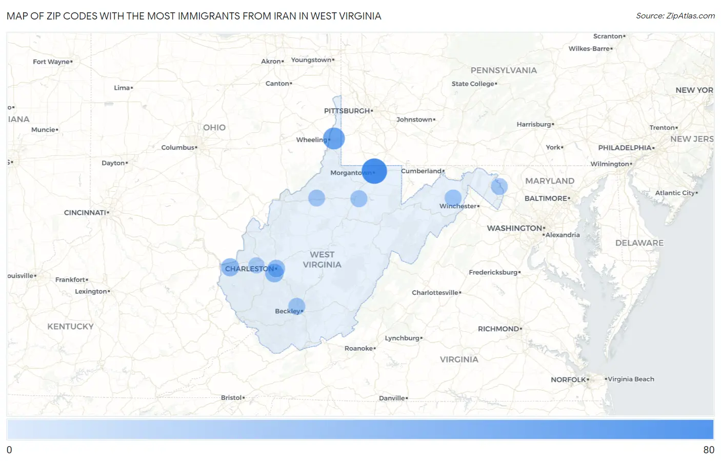 Zip Codes with the Most Immigrants from Iran in West Virginia Map