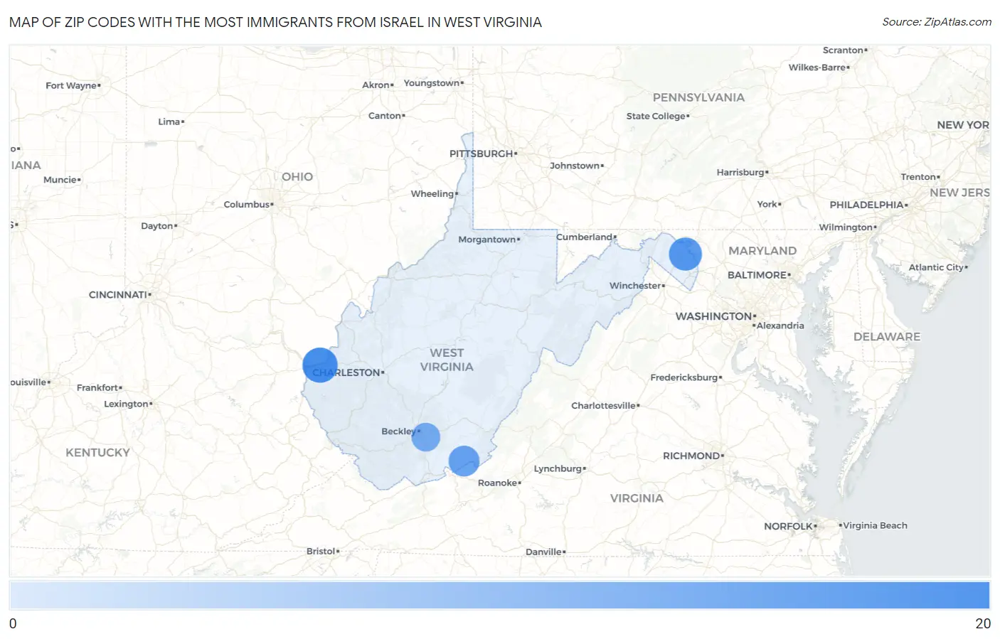 Zip Codes with the Most Immigrants from Israel in West Virginia Map