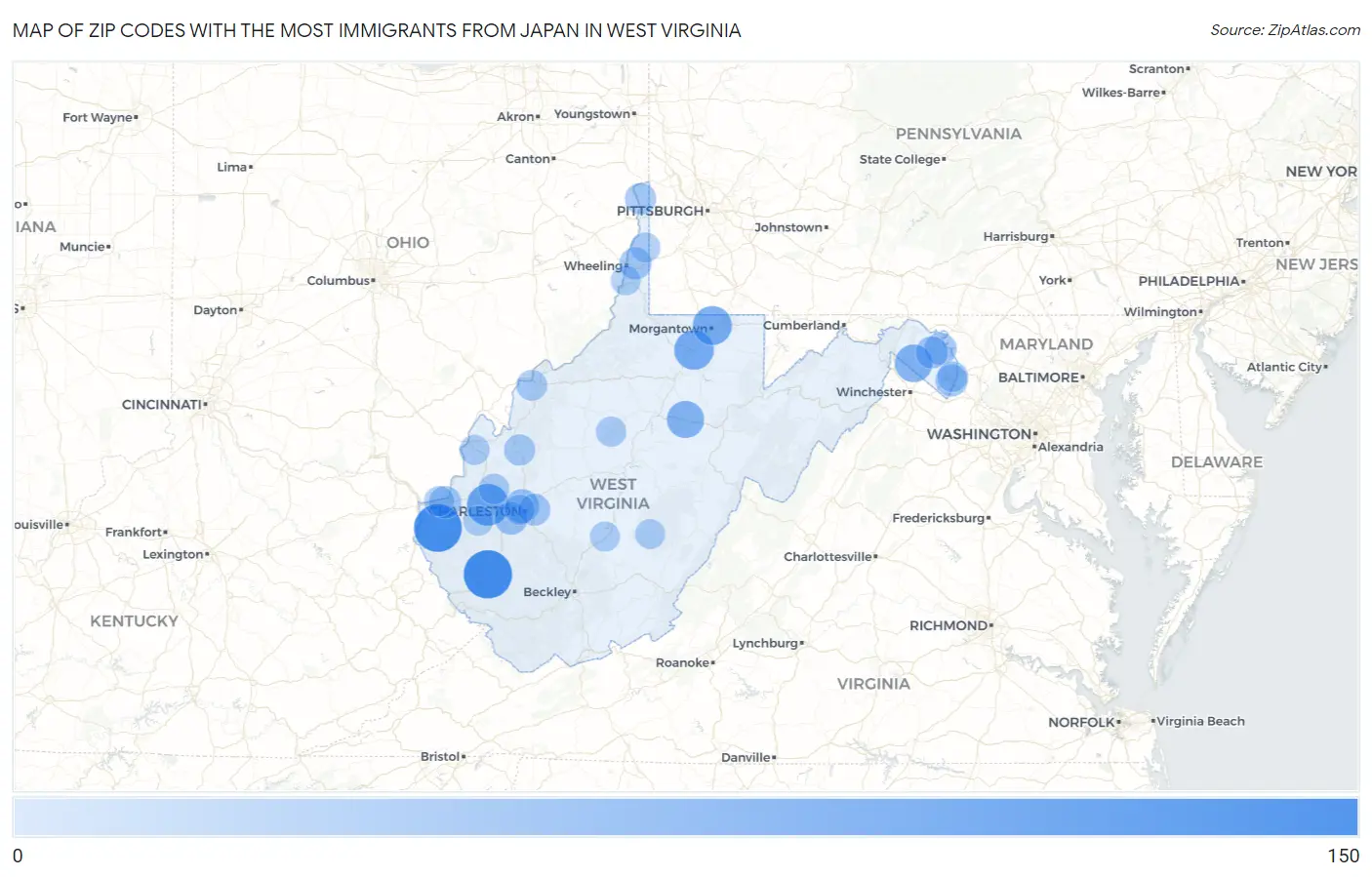 Zip Codes with the Most Immigrants from Japan in West Virginia Map