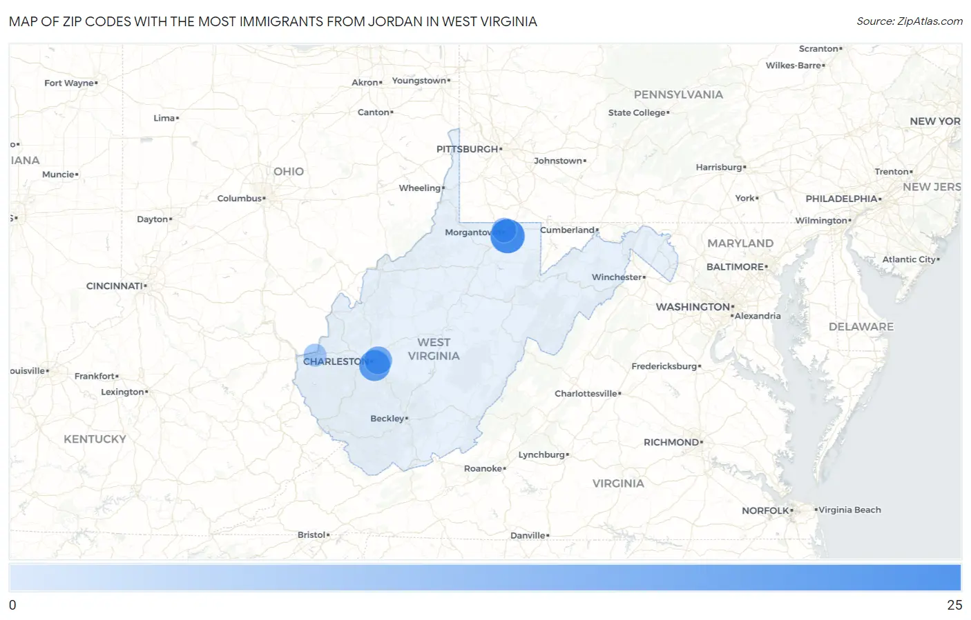 Zip Codes with the Most Immigrants from Jordan in West Virginia Map