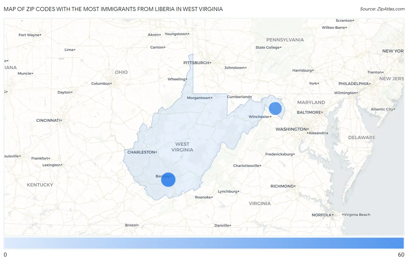 Zip Codes with the Most Immigrants from Liberia in West Virginia Map