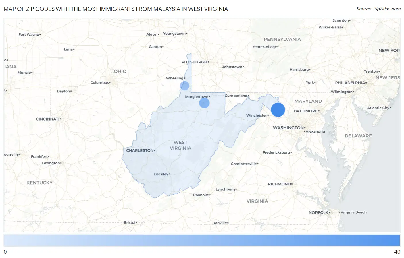 Zip Codes with the Most Immigrants from Malaysia in West Virginia Map