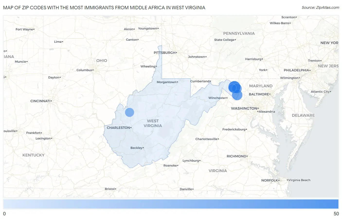 Zip Codes with the Most Immigrants from Middle Africa in West Virginia Map