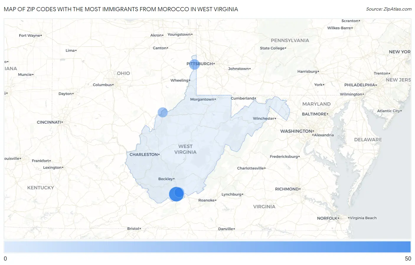Zip Codes with the Most Immigrants from Morocco in West Virginia Map
