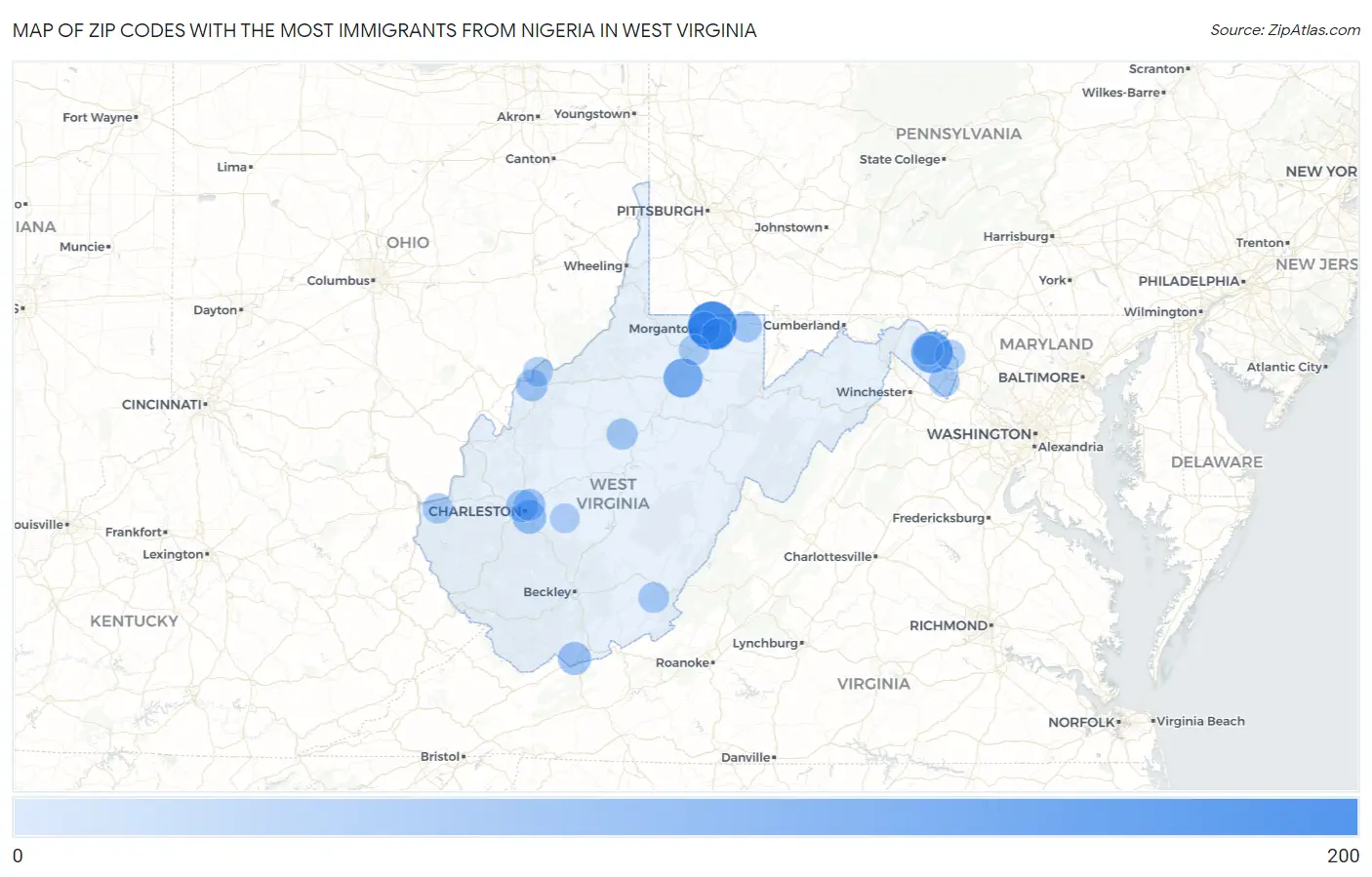 Zip Codes with the Most Immigrants from Nigeria in West Virginia Map