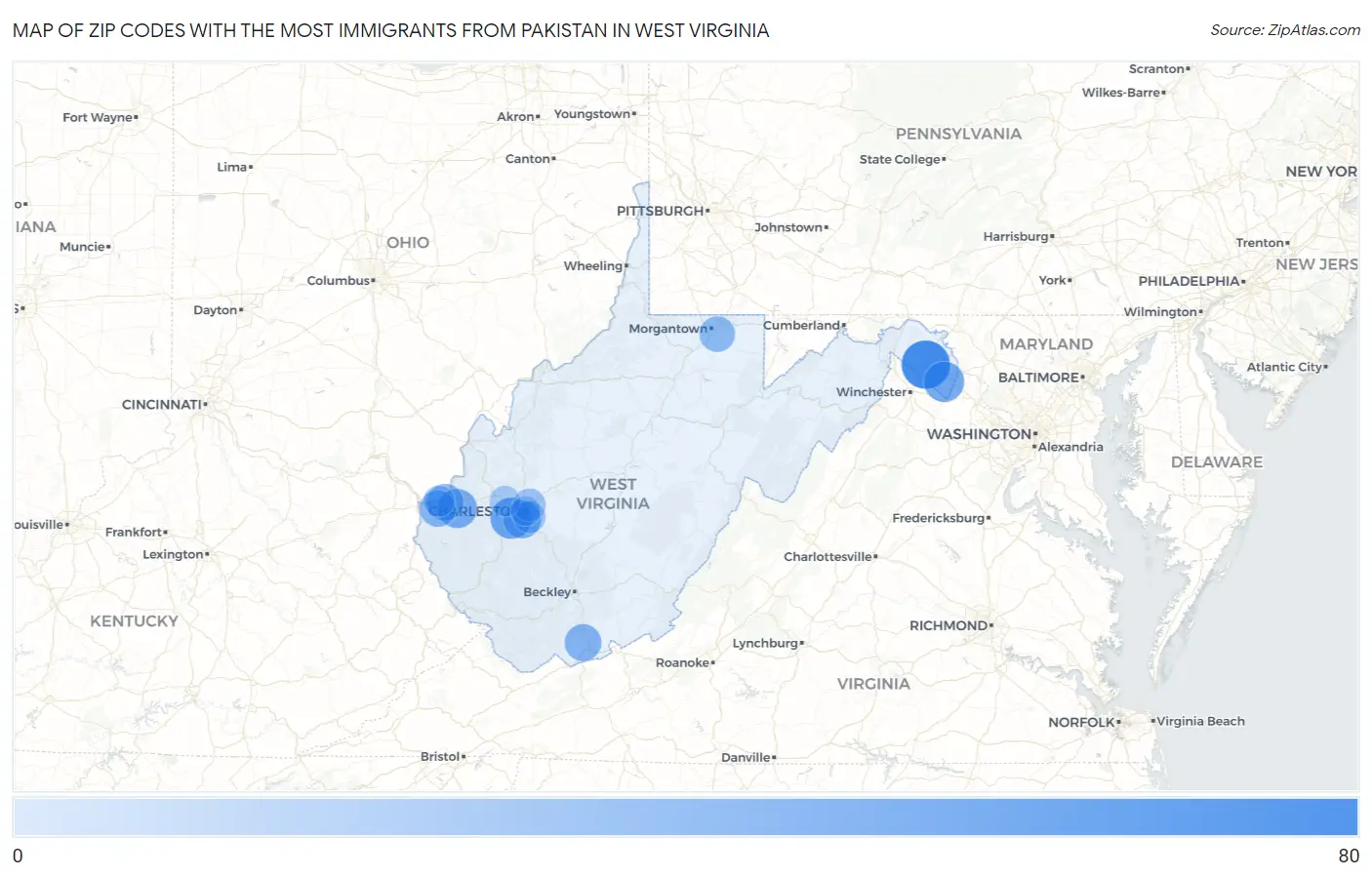 Zip Codes with the Most Immigrants from Pakistan in West Virginia Map