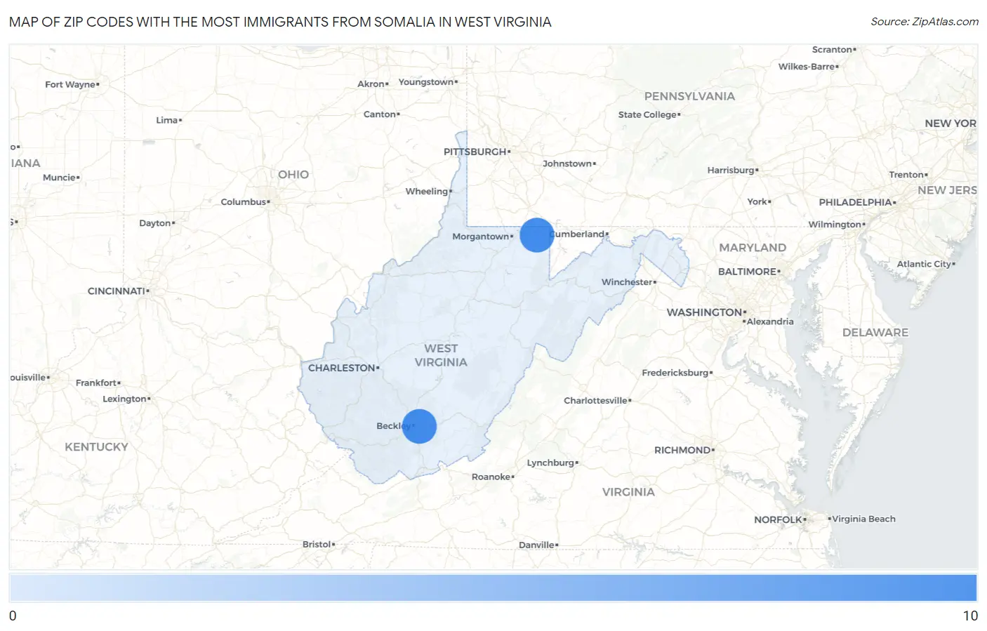 Zip Codes with the Most Immigrants from Somalia in West Virginia Map