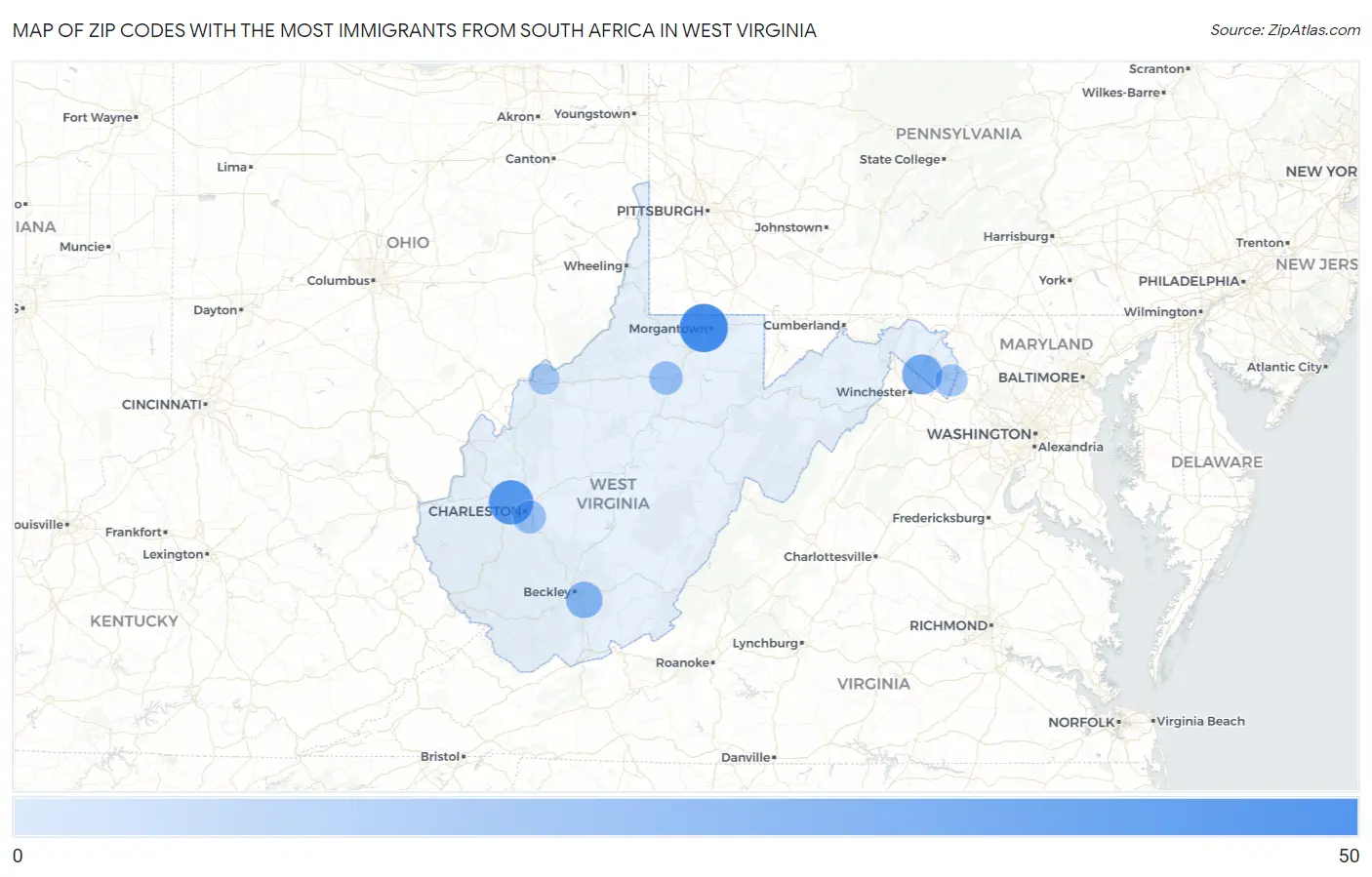 Zip Codes with the Most Immigrants from South Africa in West Virginia Map