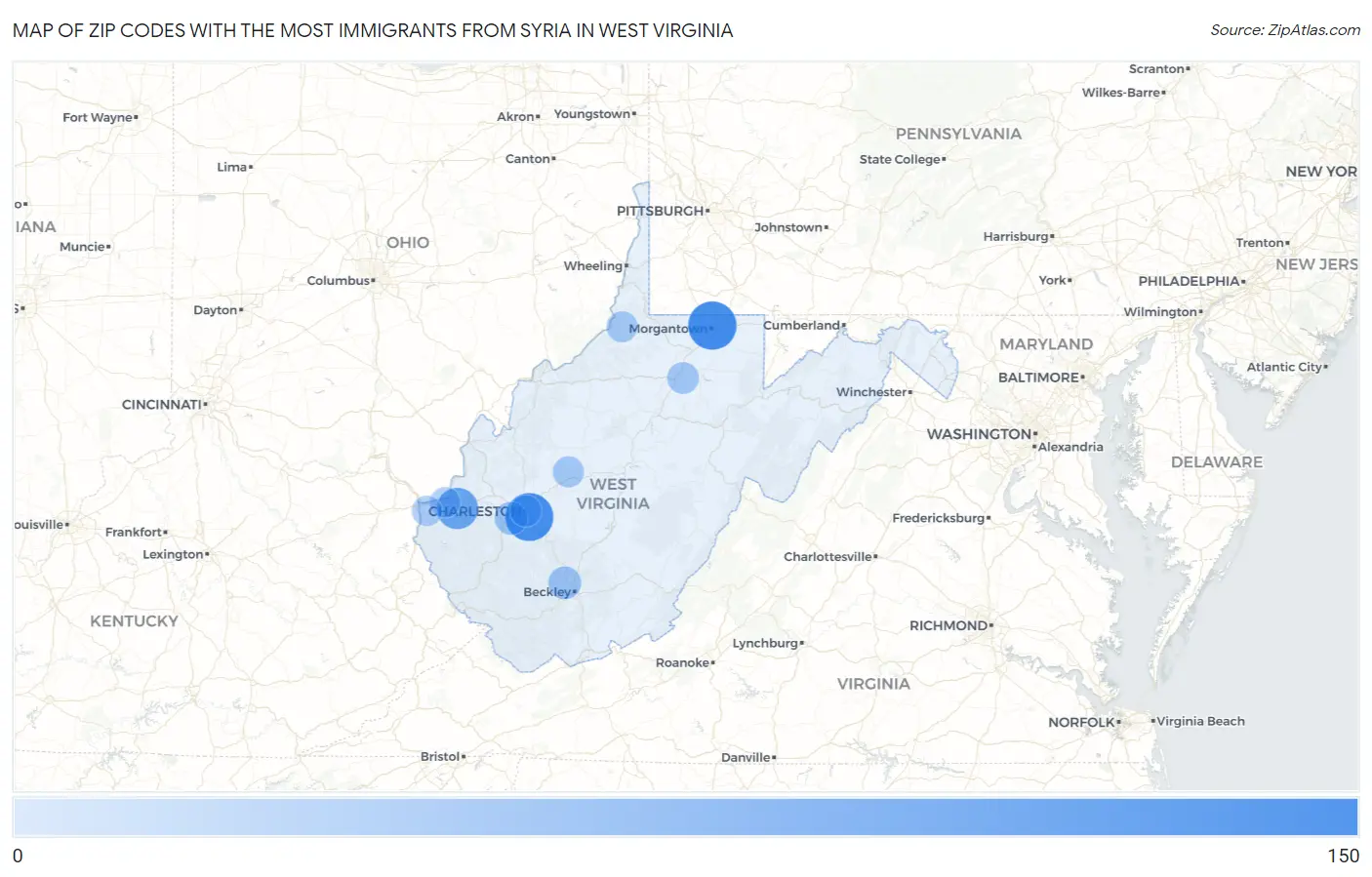 Zip Codes with the Most Immigrants from Syria in West Virginia Map