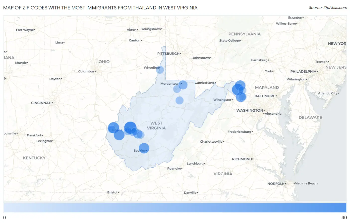 Zip Codes with the Most Immigrants from Thailand in West Virginia Map