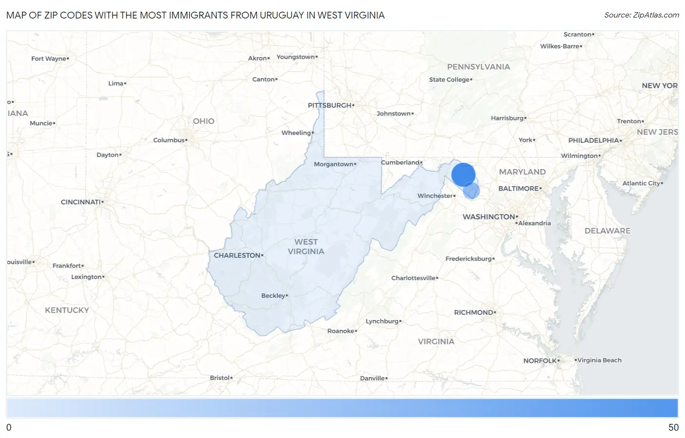 Zip Codes with the Most Immigrants from Uruguay in West Virginia Map