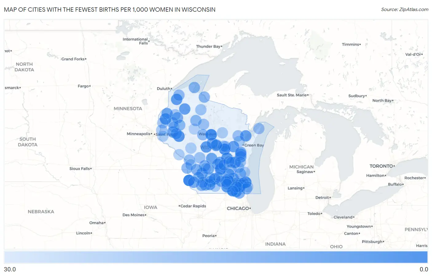 Cities with the Fewest Births per 1,000 Women in Wisconsin Map