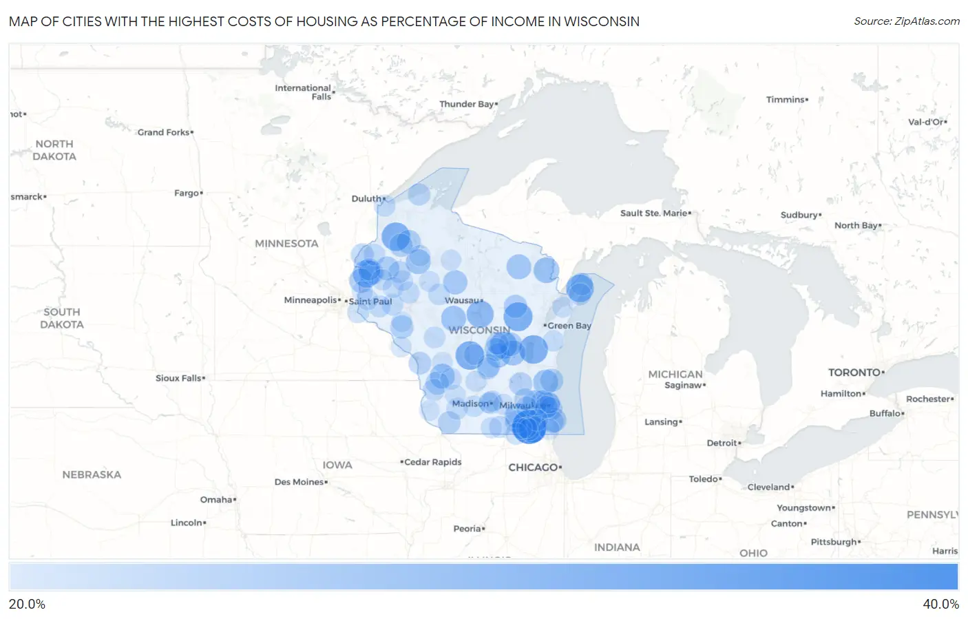 Cities with the Highest Costs of Housing as Percentage of Income in Wisconsin Map