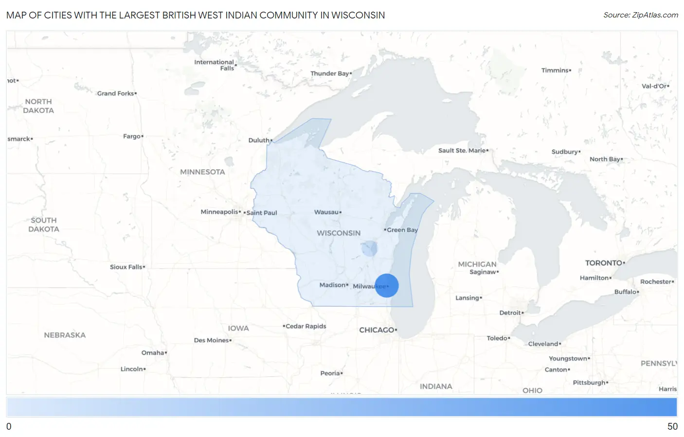 Cities with the Largest British West Indian Community in Wisconsin Map