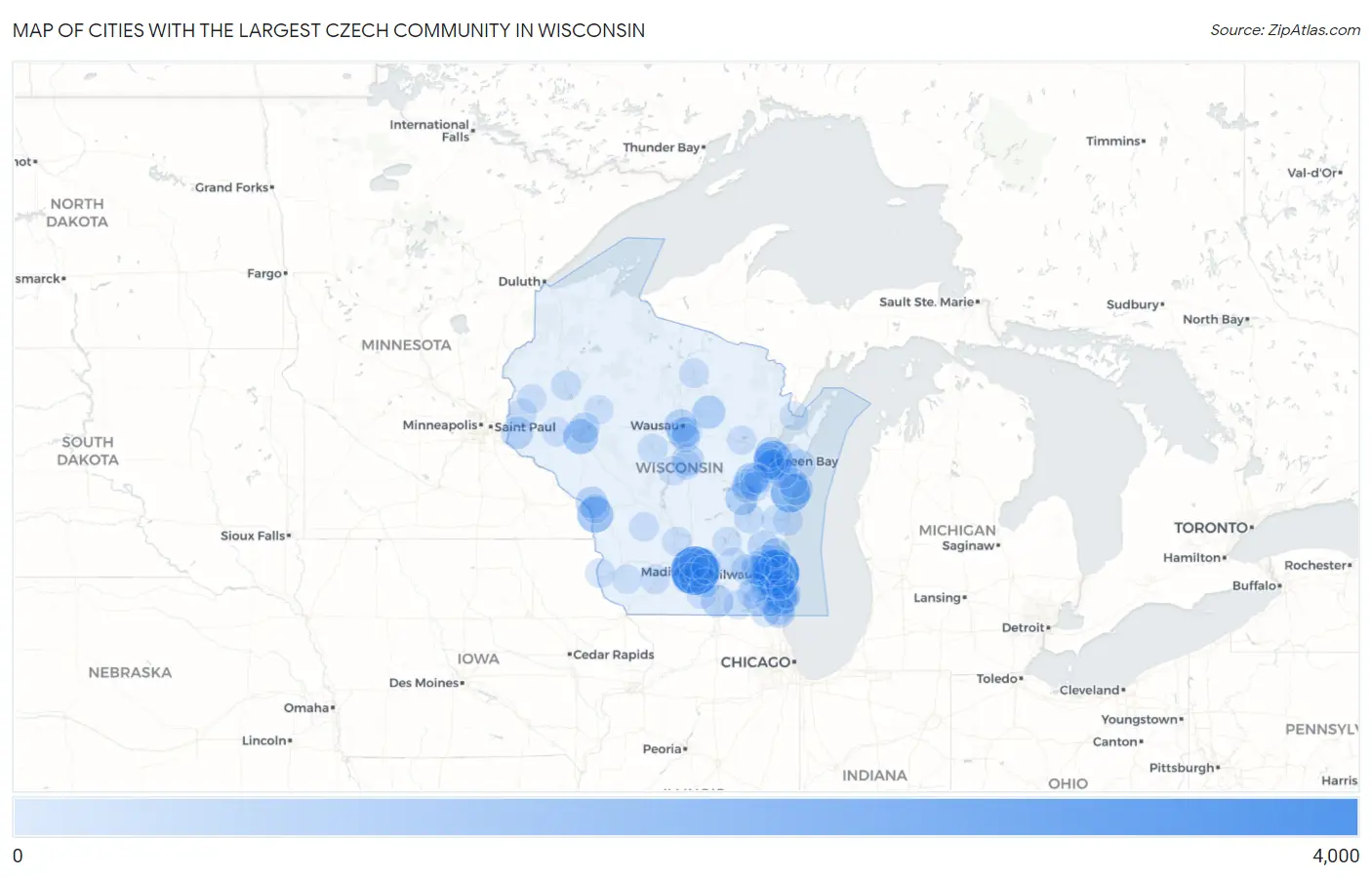 Cities with the Largest Czech Community in Wisconsin Map